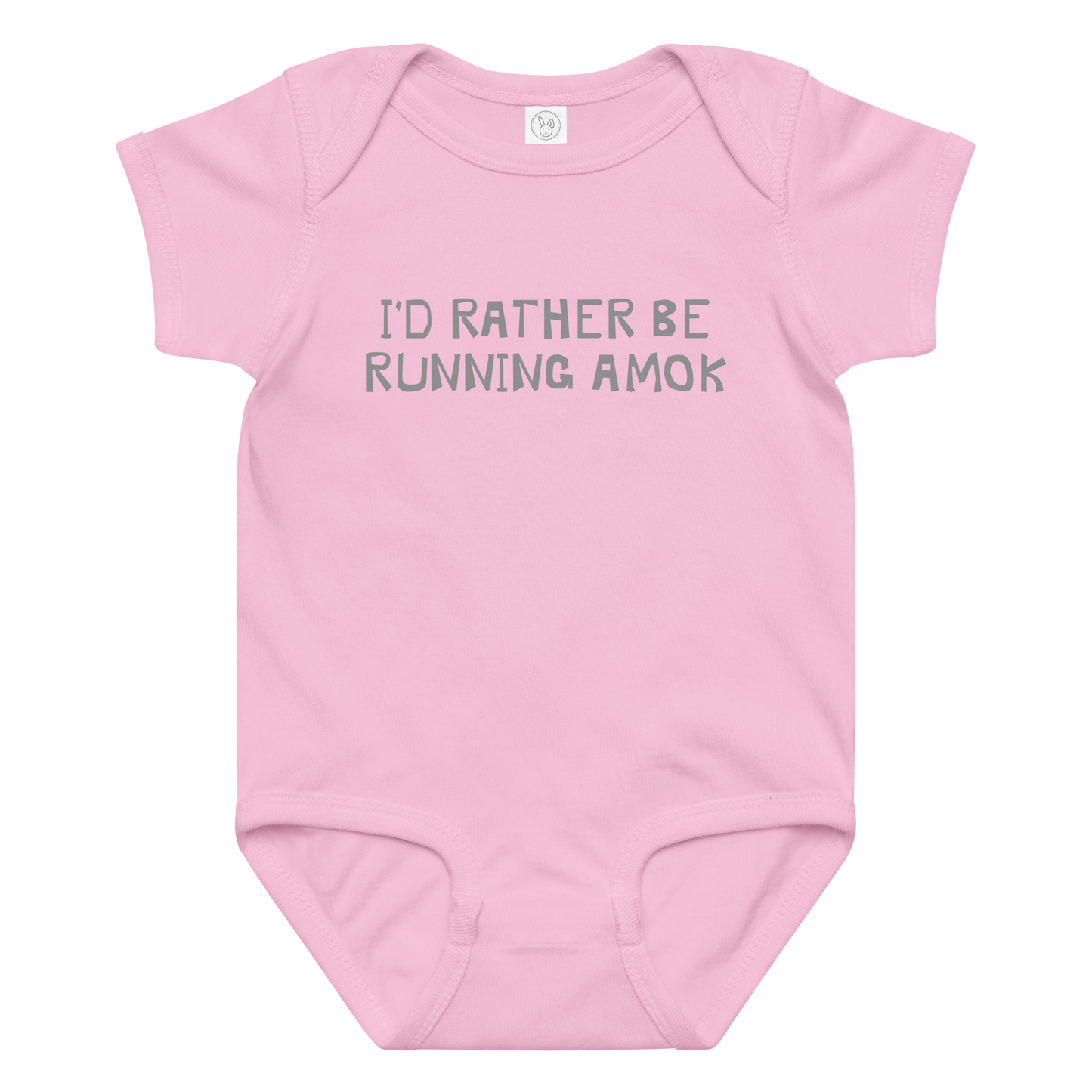 "I’d rather be running amok" printed on a pink baby jersey bodysuit laying on a flat surface amongst other clothes