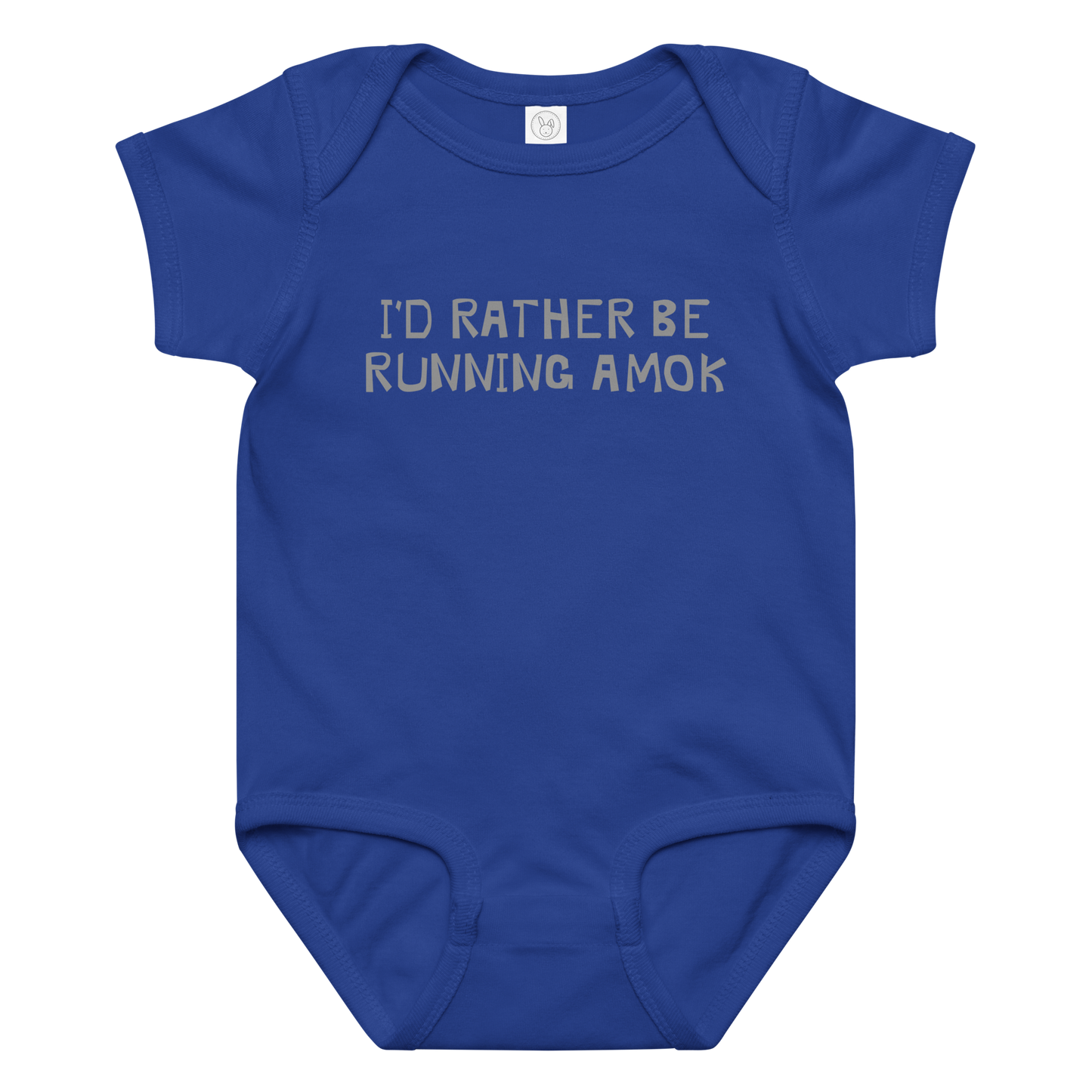 "I’d rather be running amok" printed on a royal baby jersey bodysuit laying on a flat surface amongst other clothes