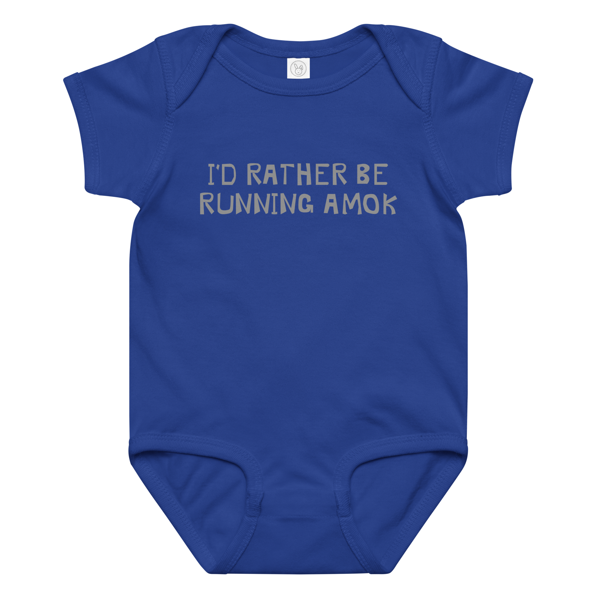 "I’d rather be running amok" printed on a royal baby jersey bodysuit laying on a flat surface amongst other clothes