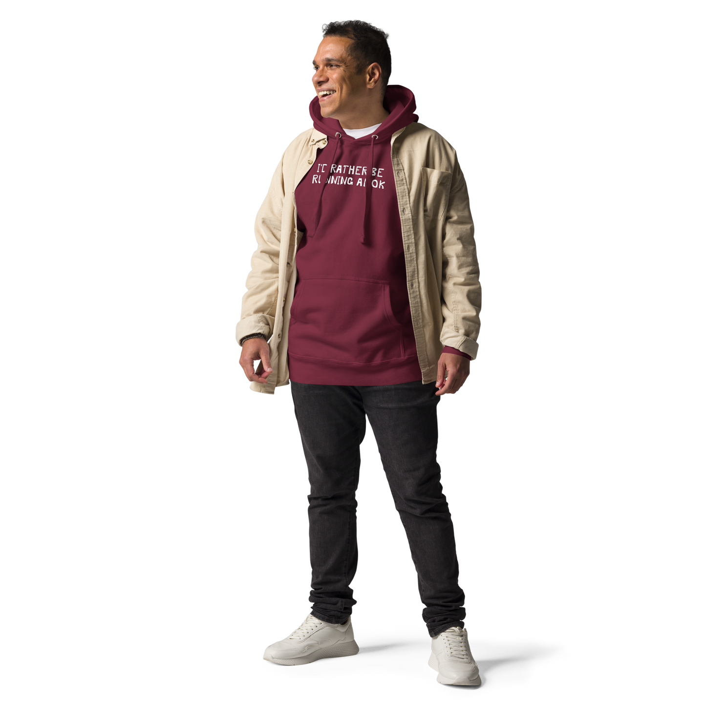"I’d rather be running amok" printed on a maroon unisex hoodie worn by a male with a jacket on top