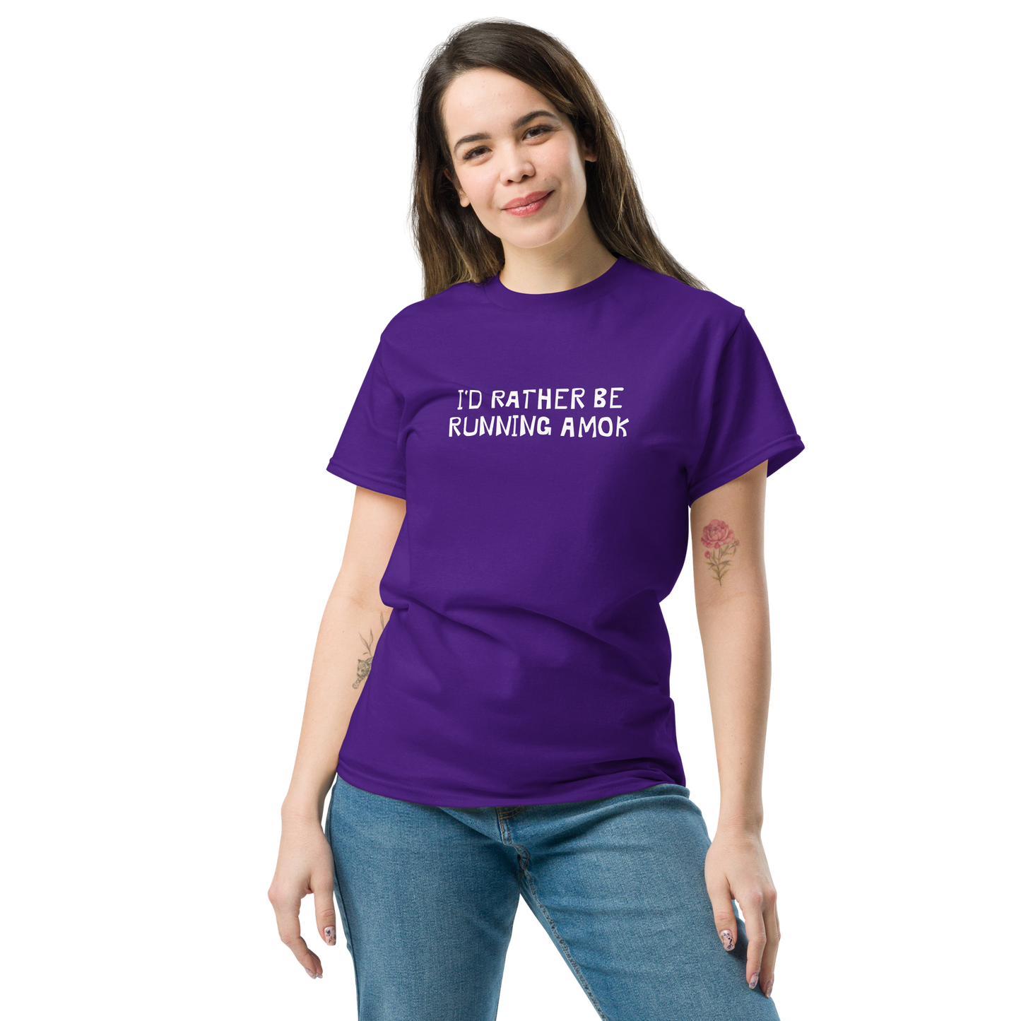 "I’d rather be running amok" printed on a purple unisex classic tee worn by a female