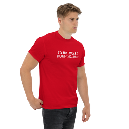 "I’d rather be running amok" printed on a red unisex classic tee worn by a male