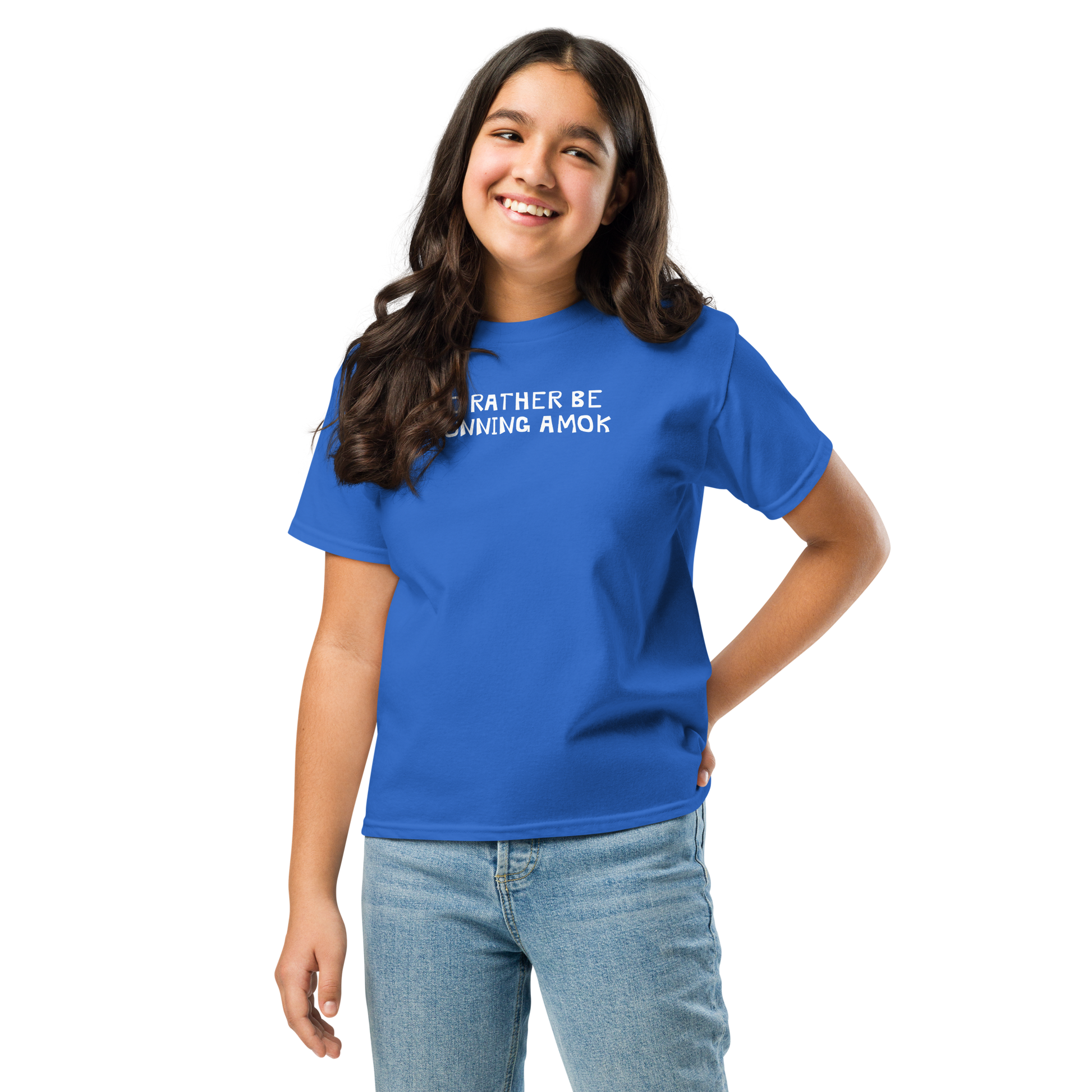 "I’d rather be running amok" printed on a royal youth classic tee worn by a female
