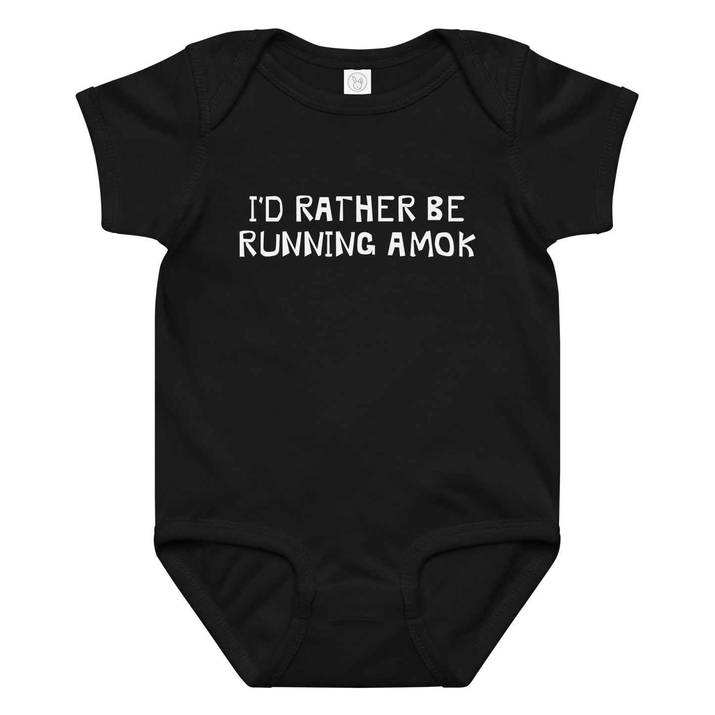 "I’d rather be running amok" printed on a black baby jersey bodysuit laying on a flat surface amongst other clothes