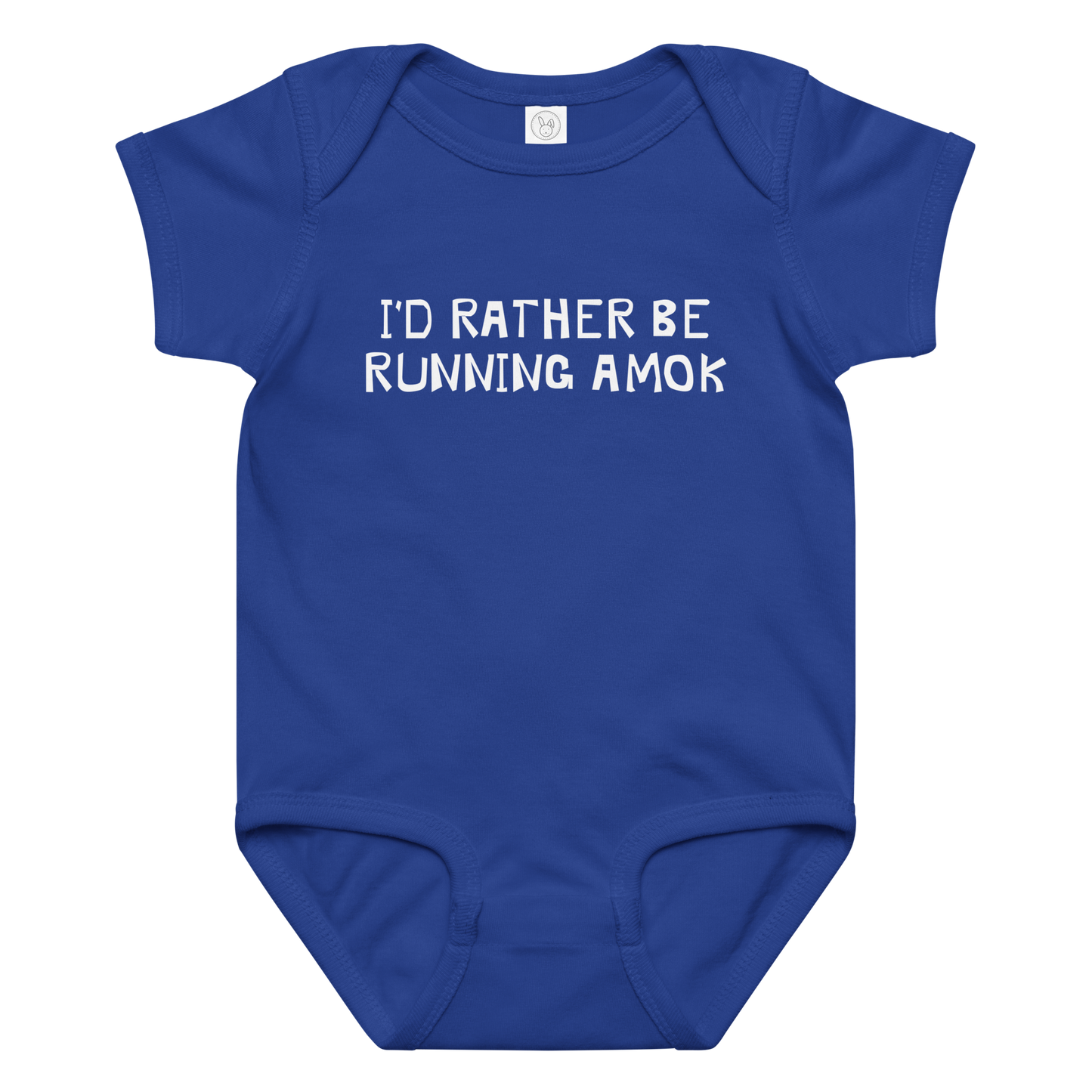 "I’d rather be running amok" printed on a royal baby jersey bodysuit laying on a flat surface amongst other clothes