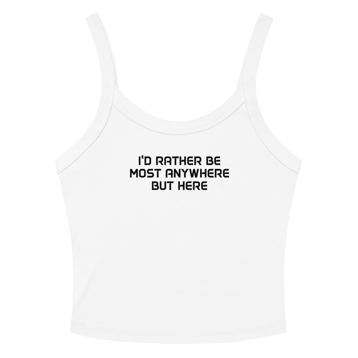 "I’d rather be most anywhere but here" printed on a solid white blend women's micro-rib tanktop laying on a flat surface amongst sunglasses and shorts