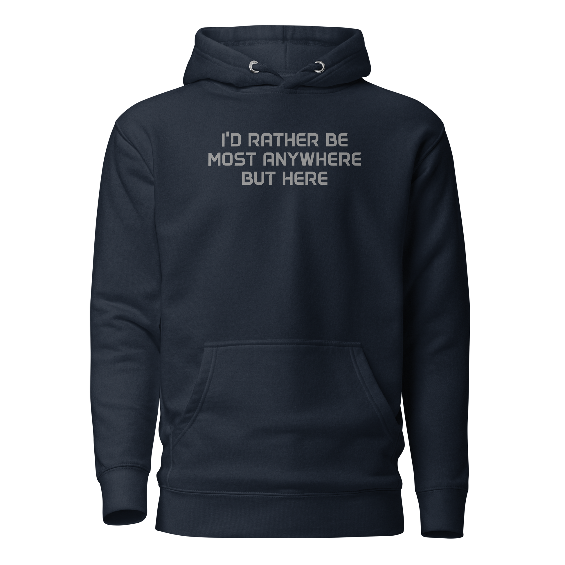 "I’d rather be most anywhere but here" printed on a navy blazer on an invisible / simulated body