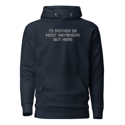 "I’d rather be most anywhere but here" printed on a navy blazer on an invisible / simulated body