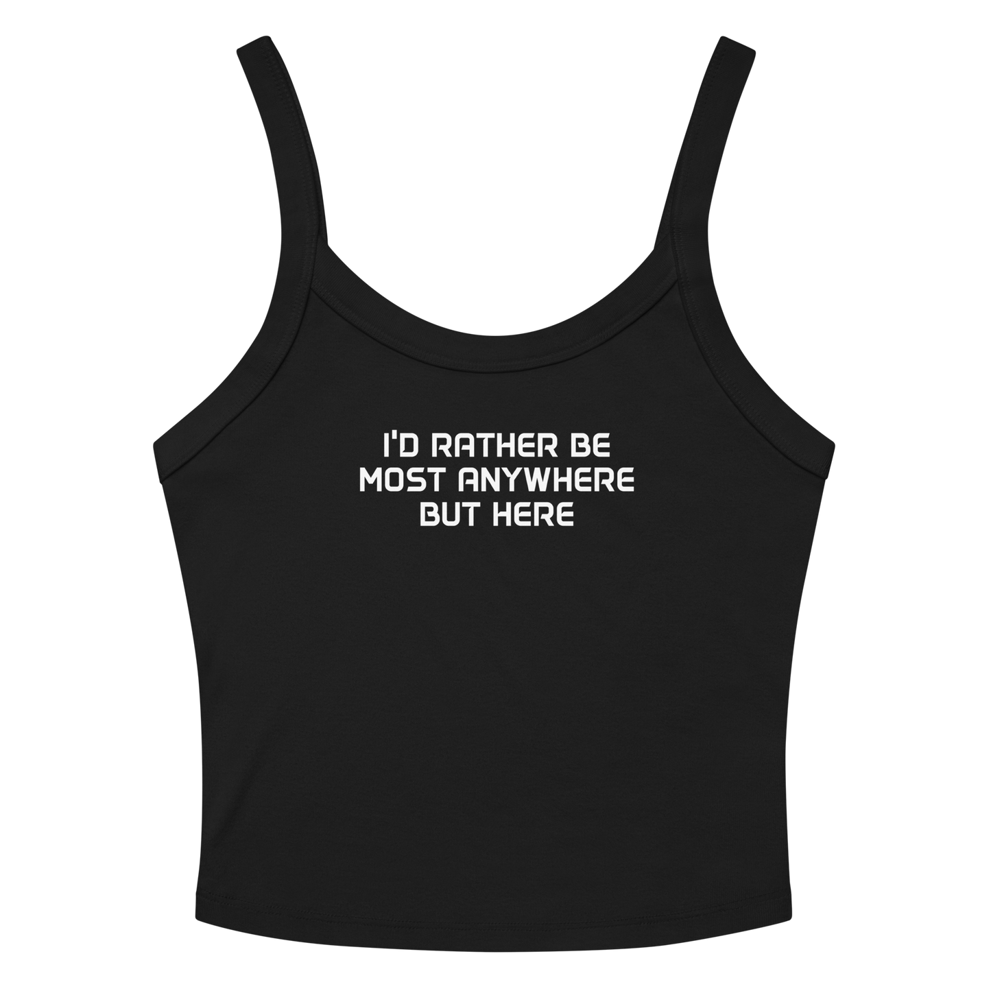 "I’d rather be most anywhere but here" printed on a solid black blend women's micro-rib tanktop laying on a flat surface amongst sunglasses and shorts