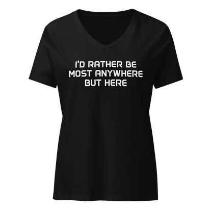 "I’d rather be most anywhere but here" printed on a solid black blend on an invisible / simulated body