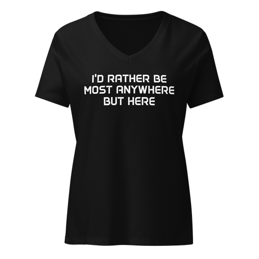 "I’d rather be most anywhere but here" printed on a solid black blend on an invisible / simulated body