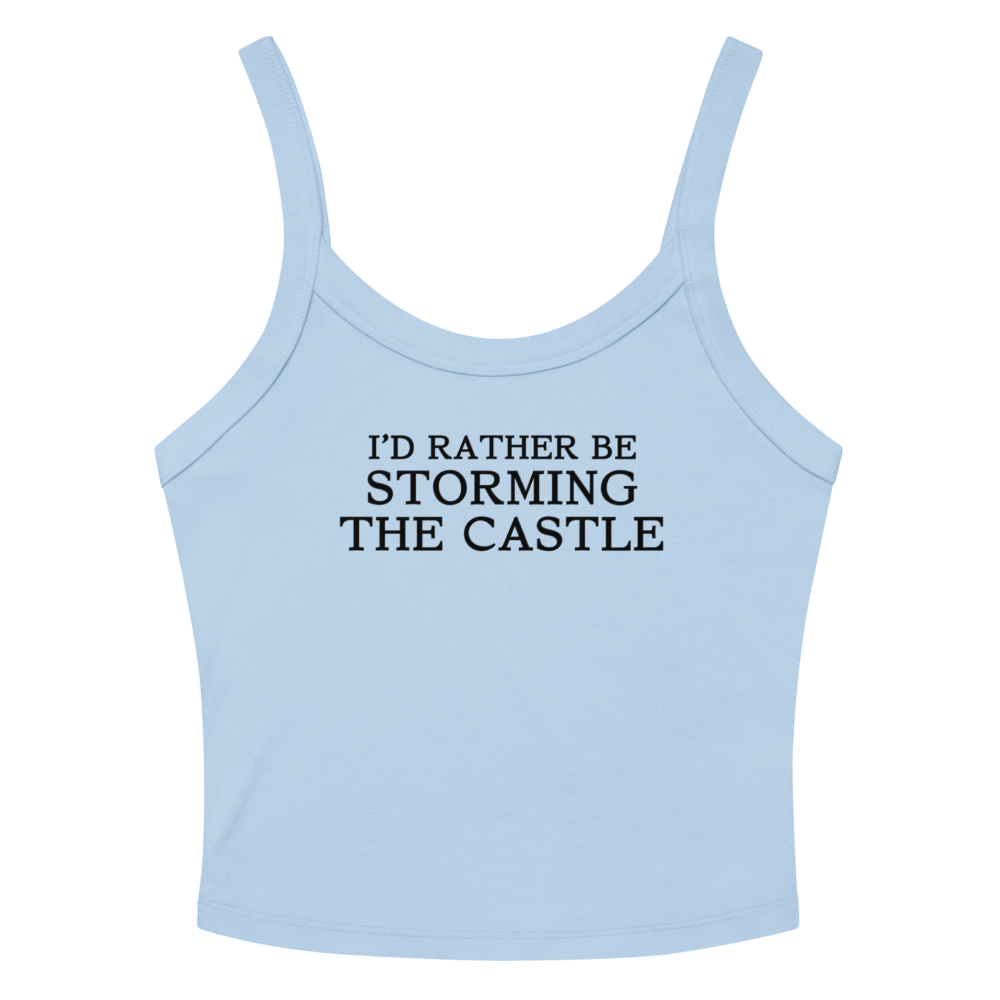 "I'd rather be storming the castle" printed on a solid baby blue blend tbd