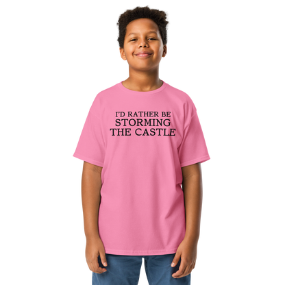 "I'd rather be storming the castle" printed on a azalea youth classic tee worn by a male