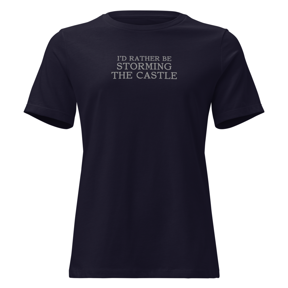 "I'd rather be storming the castle" printed on a navy on an invisible / simulated body
