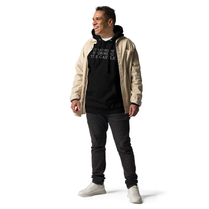 "I'd rather be storming the castle" printed on a black unisex hoodie worn by a male with a jacket on top