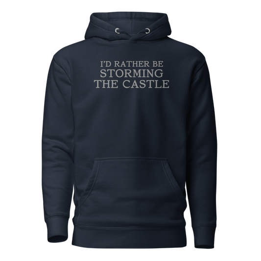 "I'd rather be storming the castle" printed on a navy blazer on an invisible / simulated body