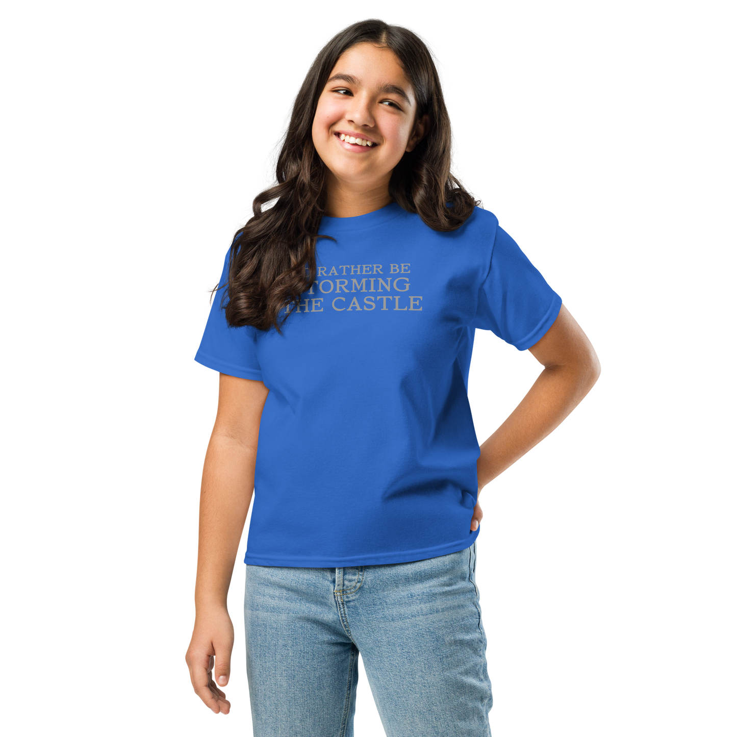 "I'd rather be storming the castle" printed on a royal youth classic tee worn by a female