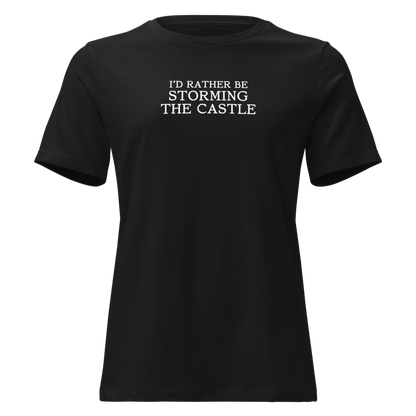 "I'd rather be storming the castle" printed on a black on an invisible / simulated body