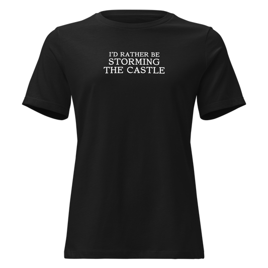 "I'd rather be storming the castle" printed on a black on an invisible / simulated body