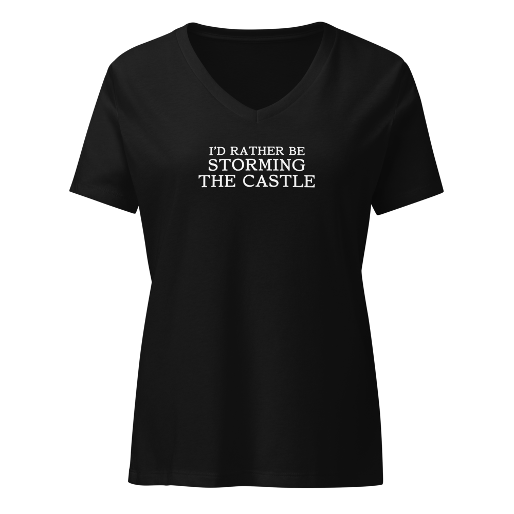 "I'd rather be storming the castle" printed on a solid black blend on an invisible / simulated body