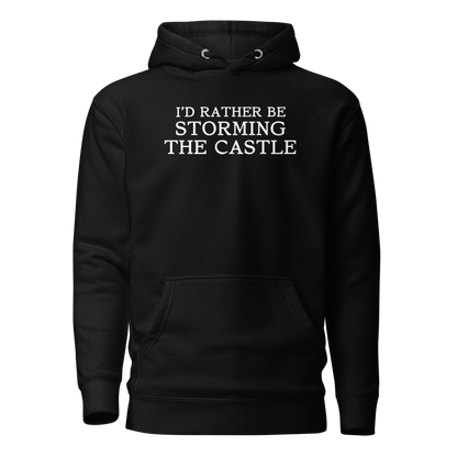 "I'd rather be storming the castle" printed on a black on an invisible / simulated body