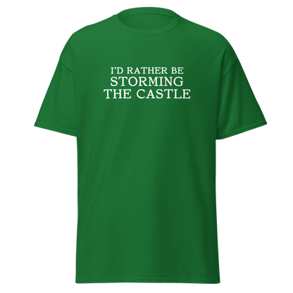 "I'd rather be storming the castle" printed on a turf green on an invisible body