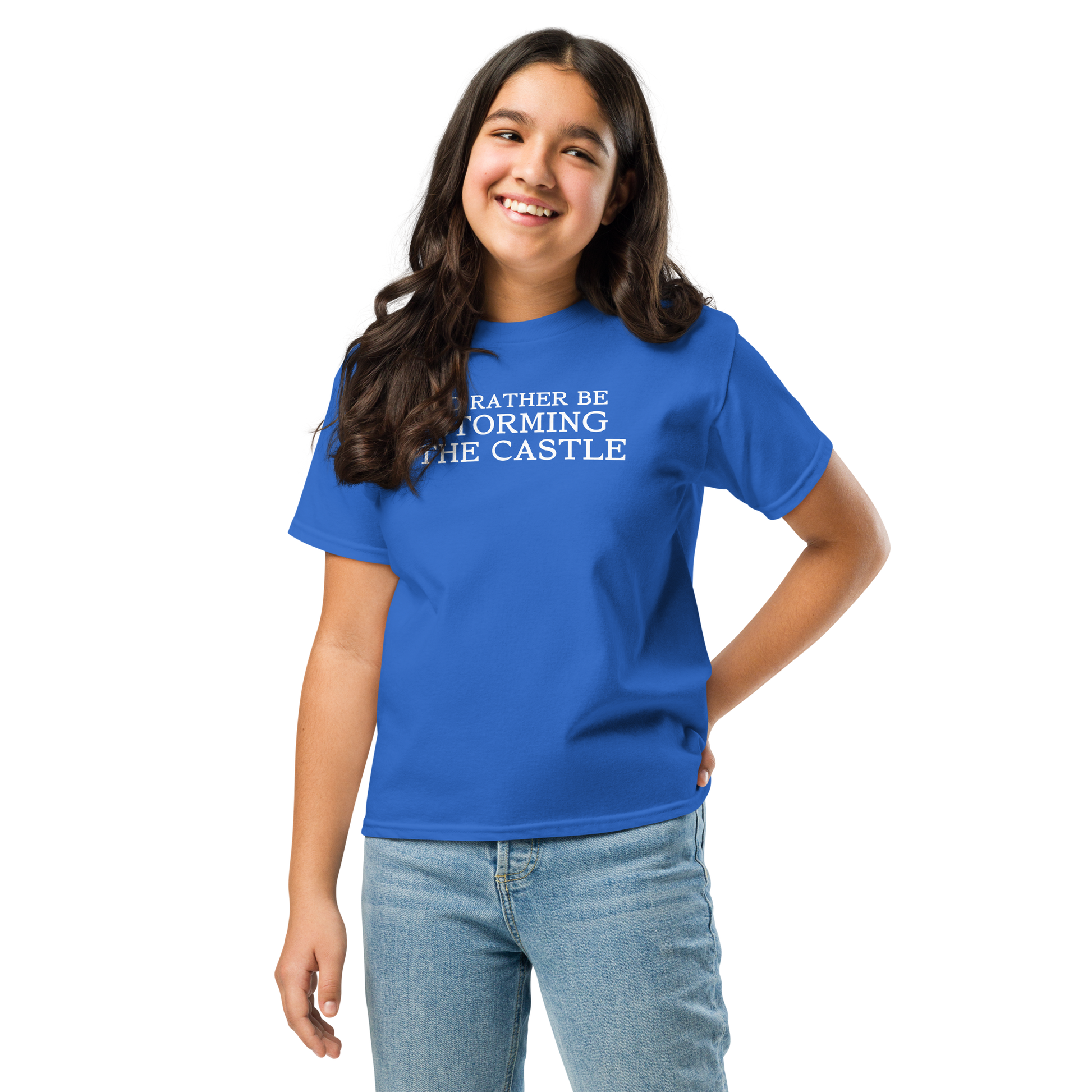 "I'd rather be storming the castle" printed on a royal youth classic tee worn by a female
