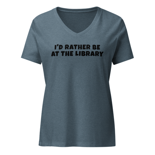 "I’d rather be at the library" printed on a heather slate on an invisible / simulated body