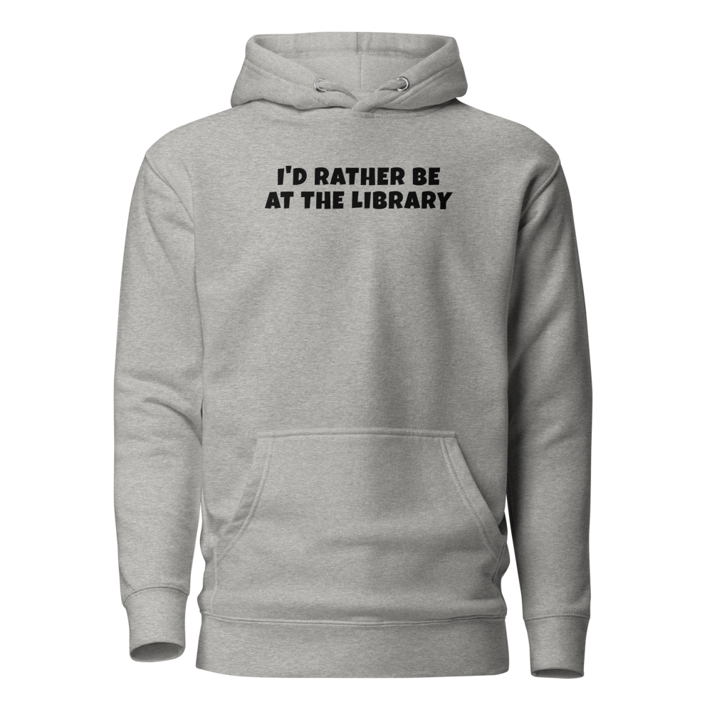 "I’d rather be at the library" printed on a carbon grey on an invisible / simulated body