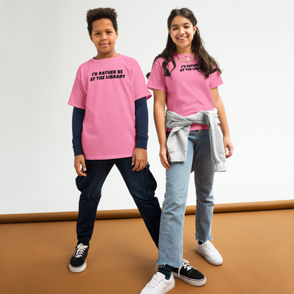 "I’d rather be at the library" printed on a azalea youth classic tee worn by a female and male