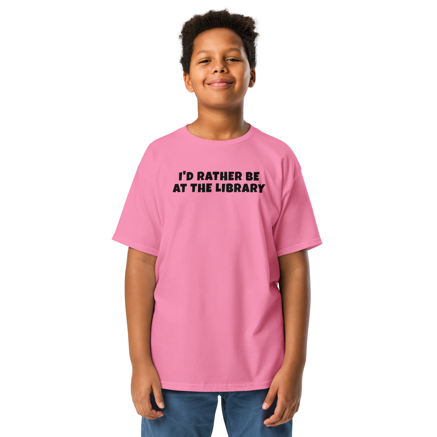 "I’d rather be at the library" printed on a azalea youth classic tee worn by a male