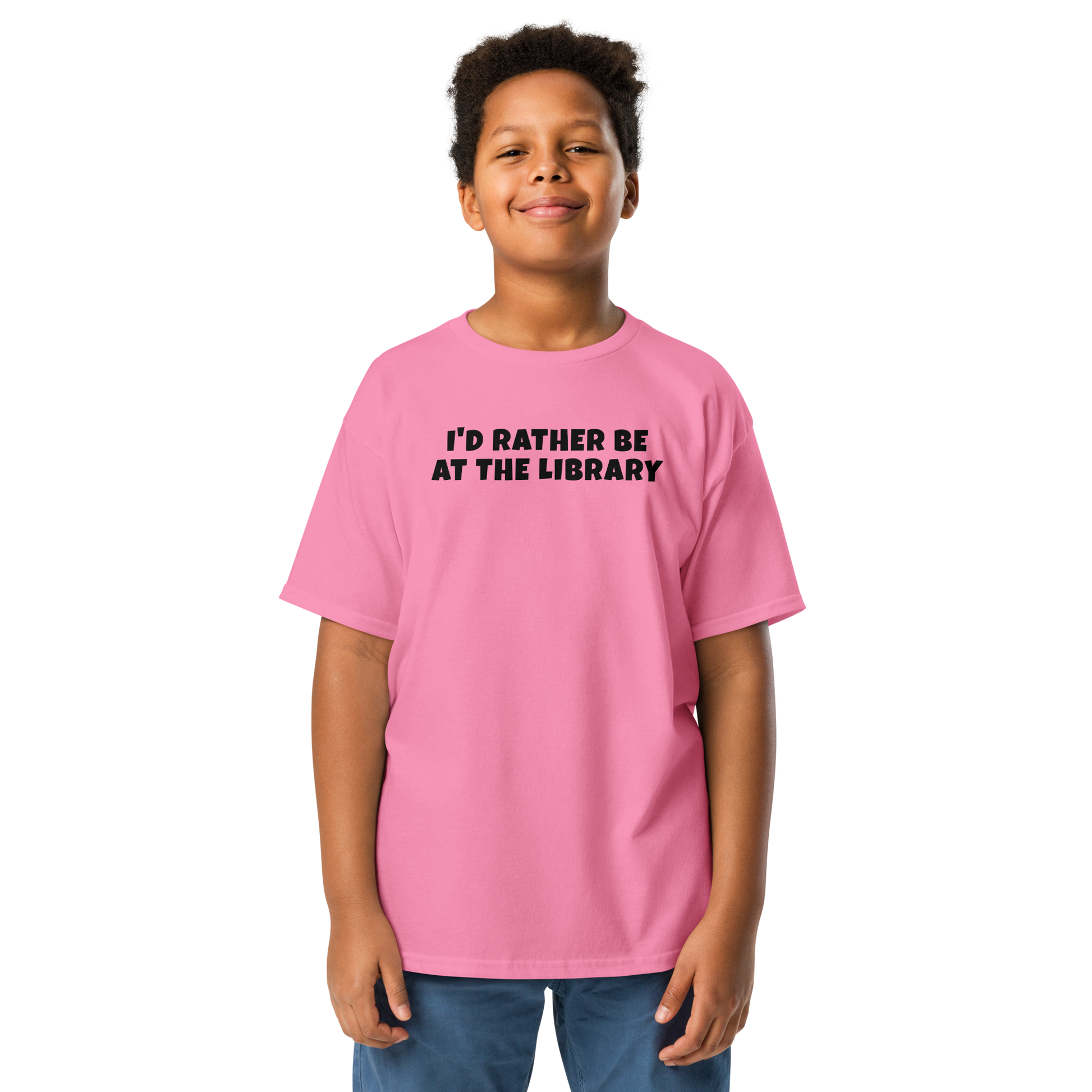 "I’d rather be at the library" printed on a azalea youth classic tee worn by a male