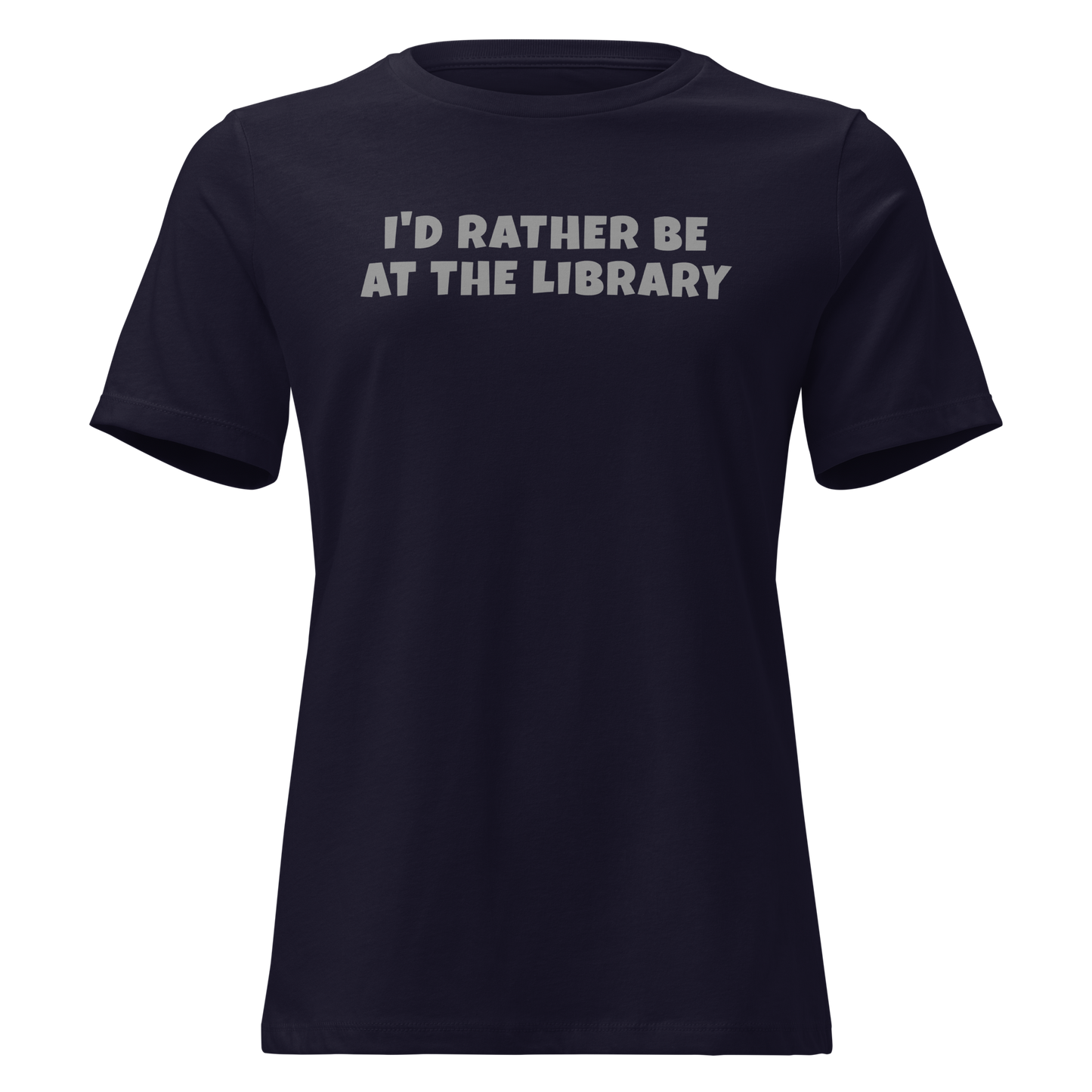 "I’d rather be at the library" printed on a navy on an invisible / simulated body