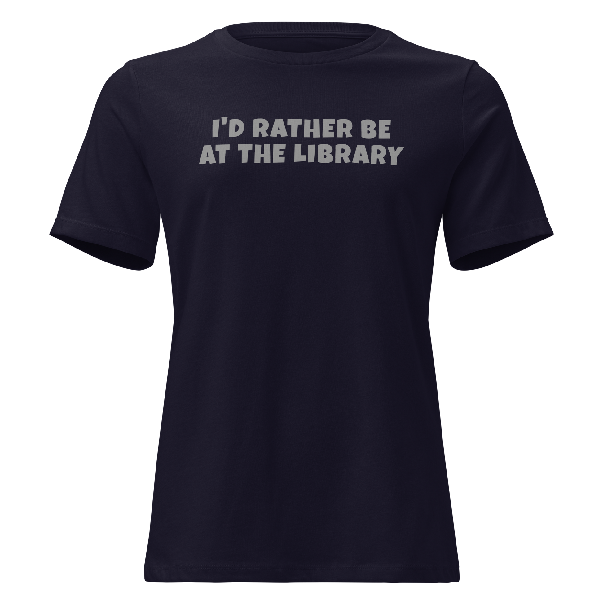 "I’d rather be at the library" printed on a navy on an invisible / simulated body