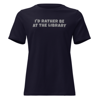 "I’d rather be at the library" printed on a navy on an invisible / simulated body
