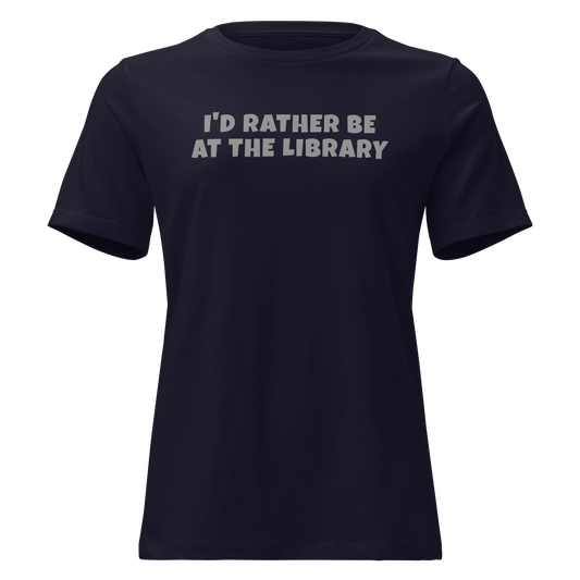 "I’d rather be at the library" printed on a navy on an invisible / simulated body