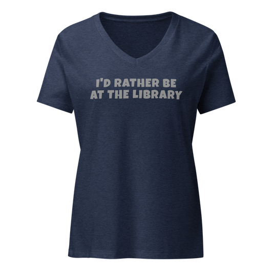 "I’d rather be at the library" printed on a heather navy on an invisible / simulated body