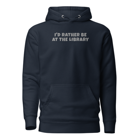 "I’d rather be at the library" printed on a navy blazer on an invisible / simulated body