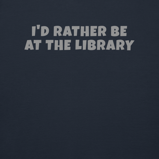 "I’d rather be at the library" printed on a navy blazer background