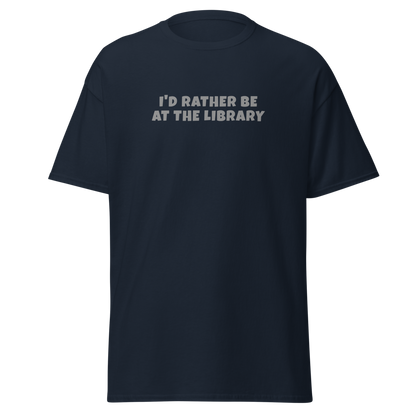 "I’d rather be at the library" printed on a navy on an invisible body