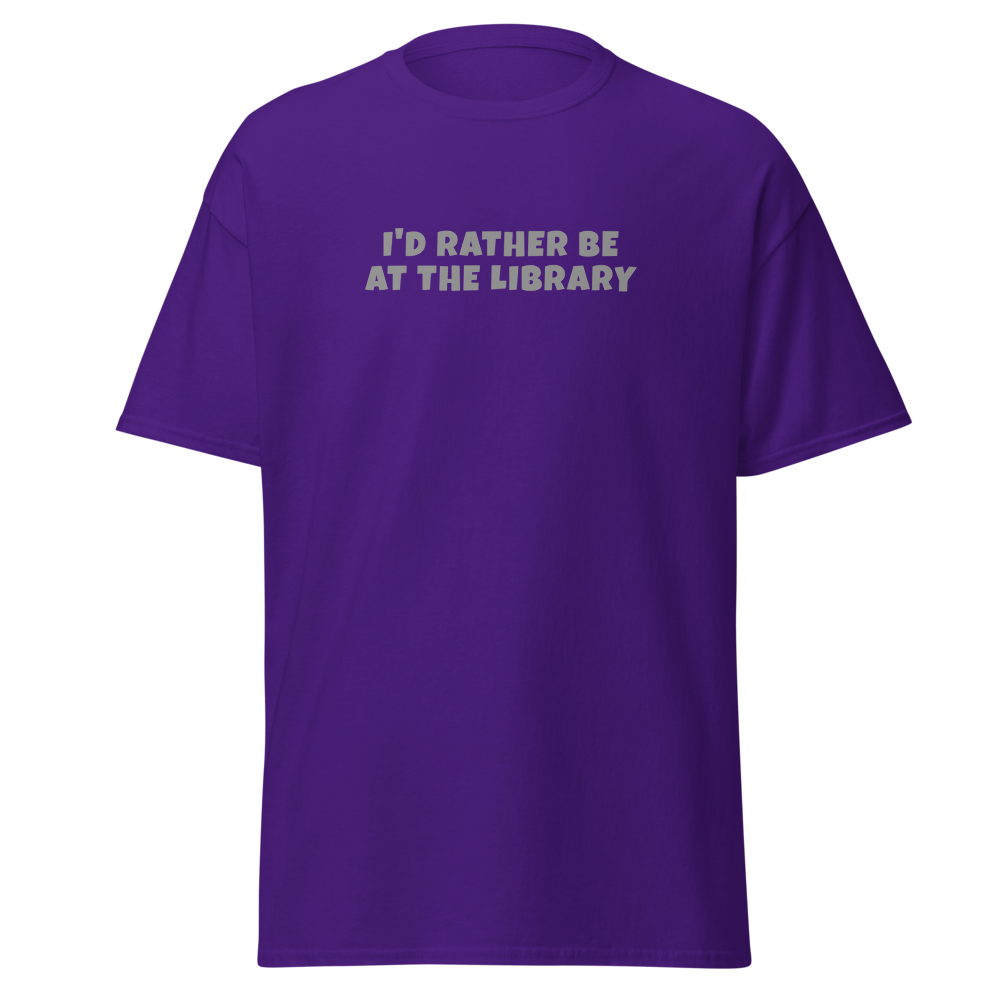 "I’d rather be at the library" printed on a purple on an invisible body