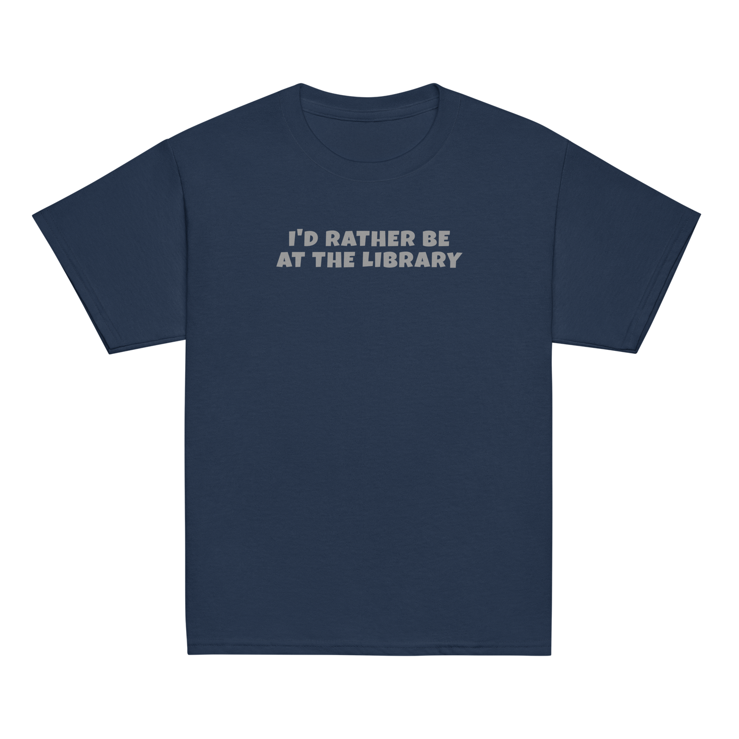 "I’d rather be at the library" printed on a navy youth classic tee laying on a flat surface