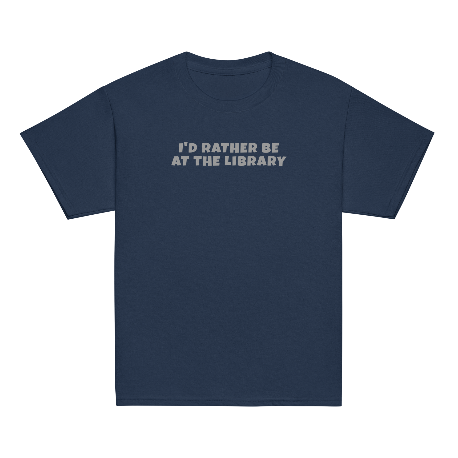 "I’d rather be at the library" printed on a navy youth classic tee laying on a flat surface