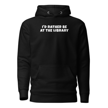 "I’d rather be at the library" printed on a black on an invisible / simulated body