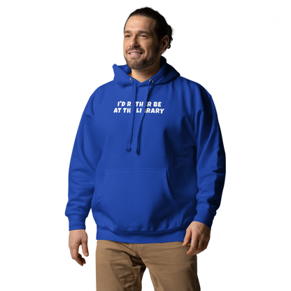 "I’d rather be at the library" printed on a team royal unisex hoodie worn by a male