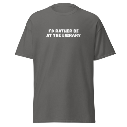 "I’d rather be at the library" printed on a charcoal on an invisible body