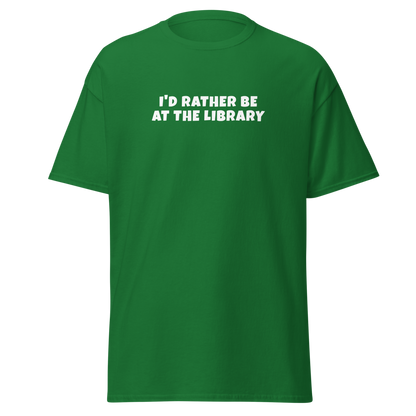 "I’d rather be at the library" printed on a turf green on an invisible body