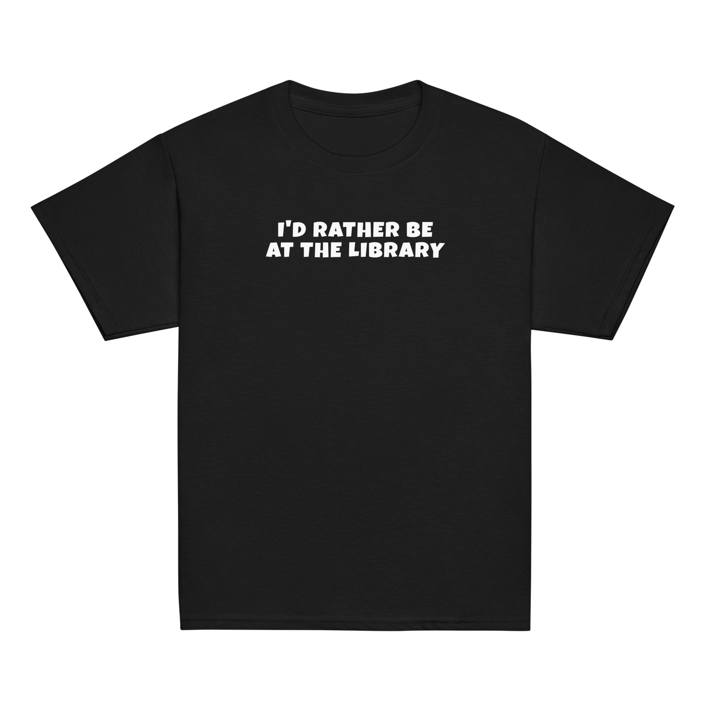 "I’d rather be at the library" printed on a black youth classic tee laying on a flat surface