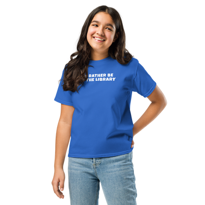 "I’d rather be at the library" printed on a royal youth classic tee worn by a female