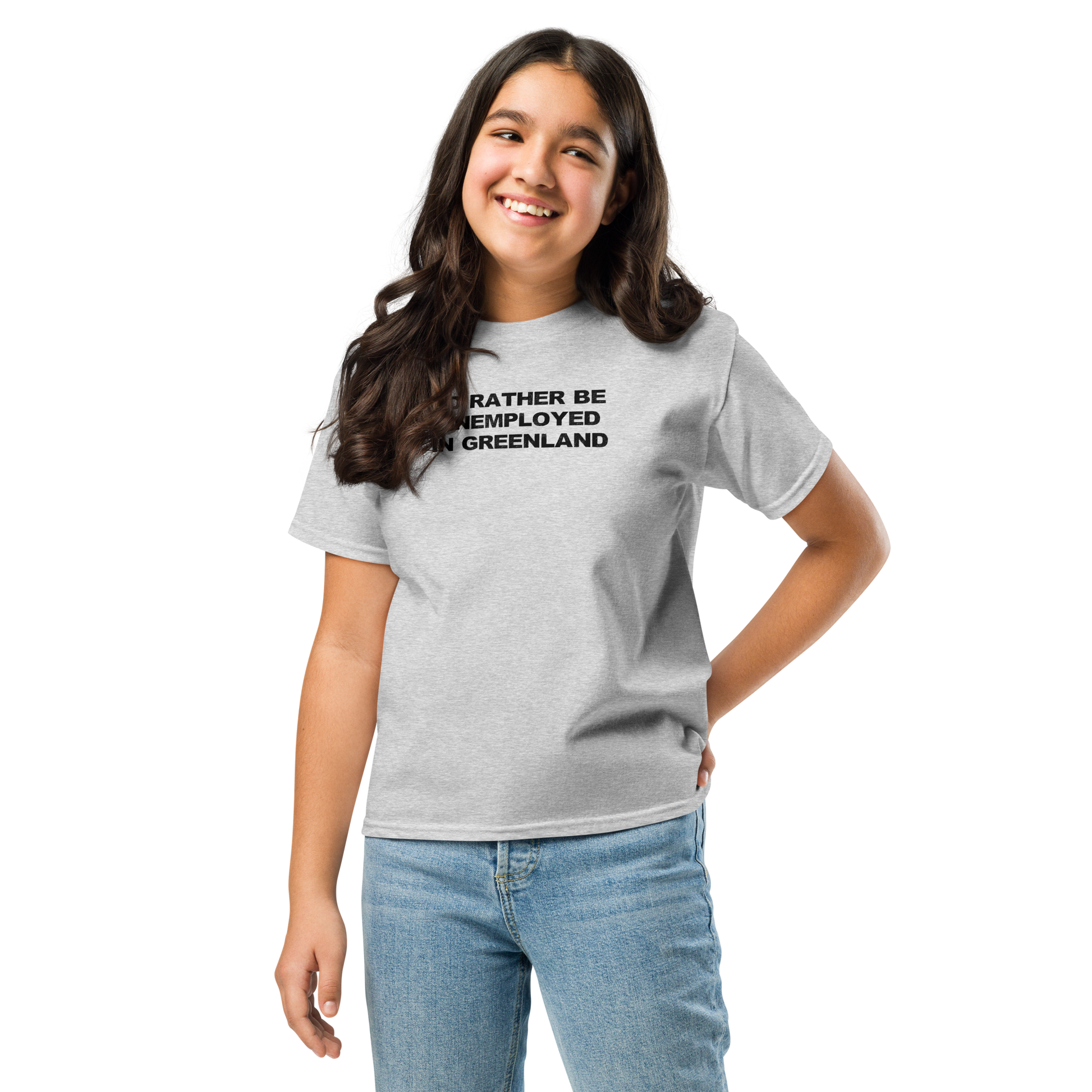 "I'd rather be unemployed in greenland" printed on a sport grey youth classic tee worn by a female